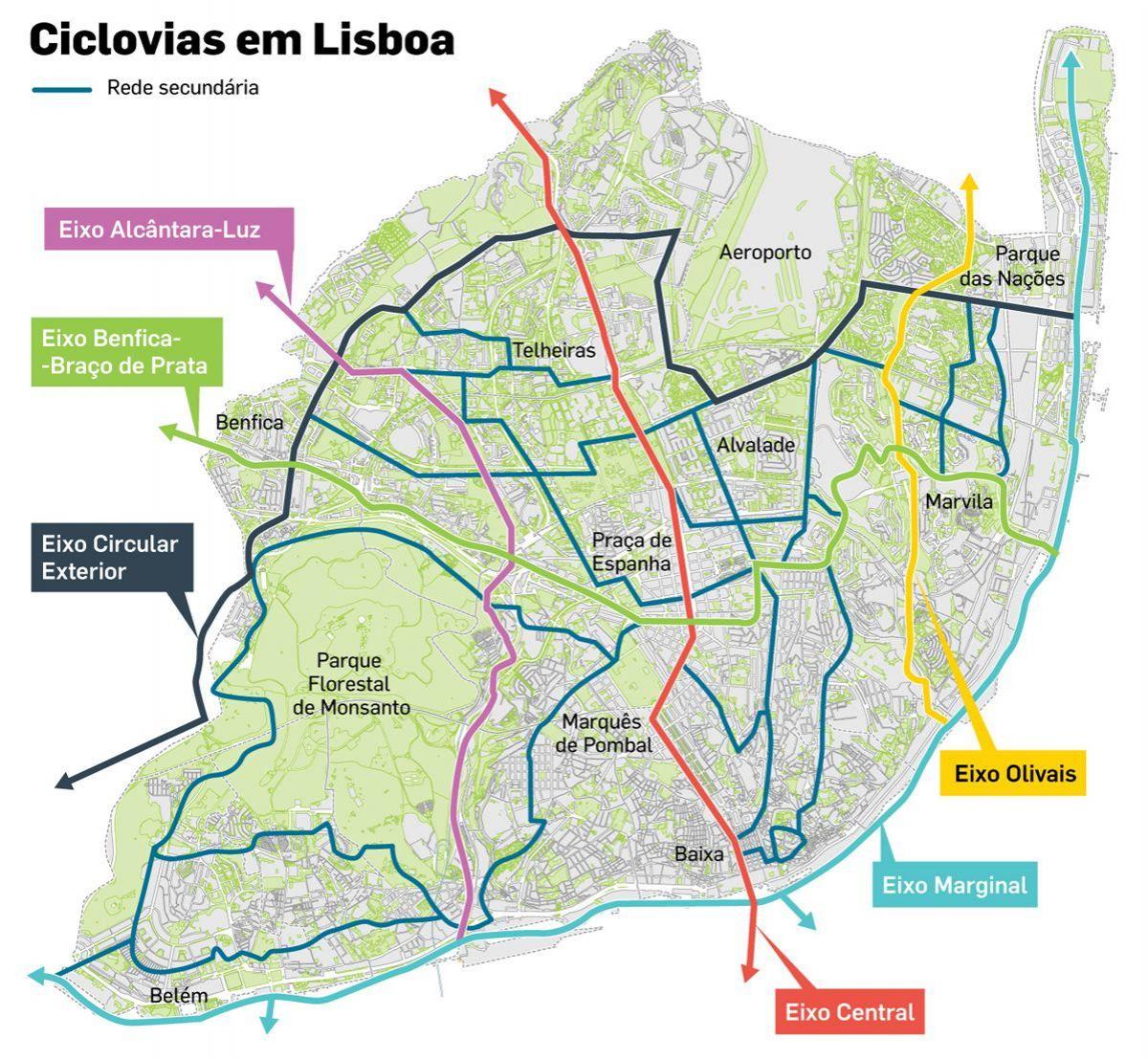 Mappa delle piste ciclabili di Lisbona